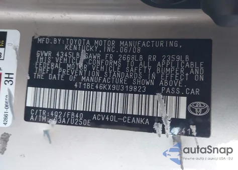 2009 Toyota Camry Le z USA, uszkodzony, nr VIN 4T1BE46KX9U319823